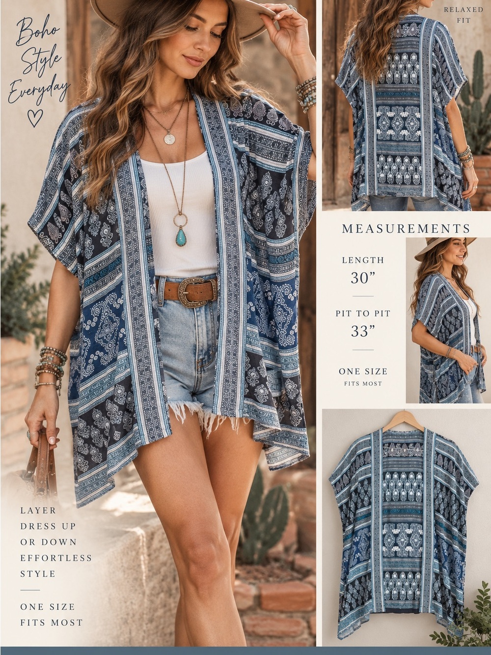 🩵 Boho Blue Paisley Open Front Kimono Cardigan One Size